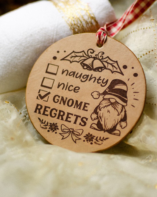 "Gnome Regrets" Handmade Leather Ornament